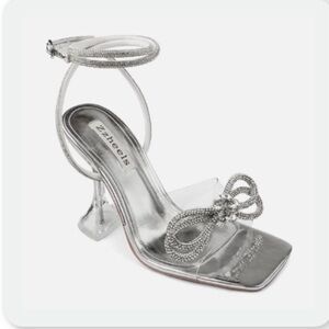 Silver Strappy Heels Crystal Bowknots